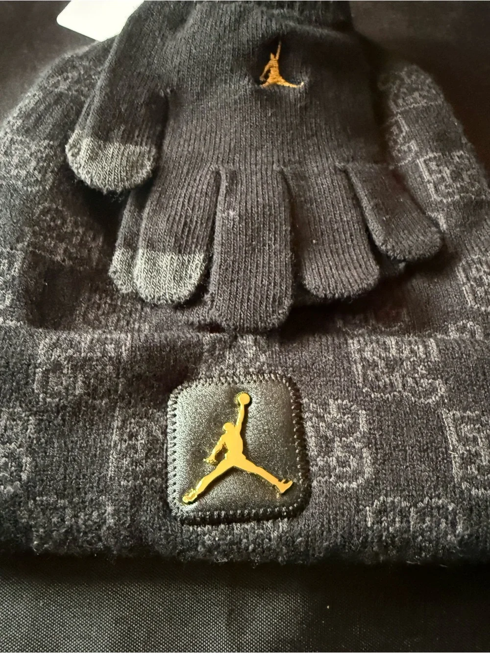 New Black Jordan Knit Beanie and Gloves Set - Gold Jumpman Accent